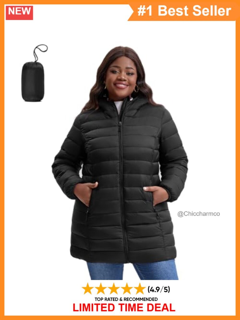 Plus Size Puffer Jacket 1X-7X Water-Resistant Mid-Length Winter Coat